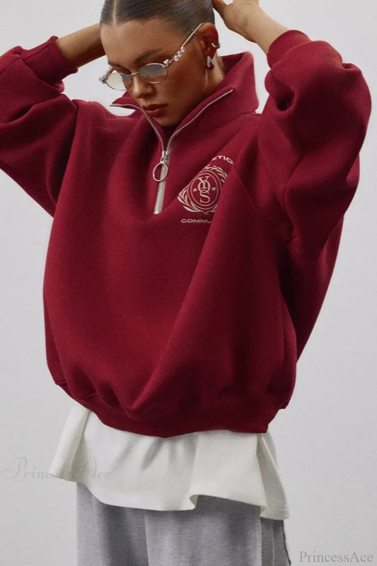 Fleece-Lined Letter Embroidery Stand Collar Half-Zip Sweatshirts Crimson / S