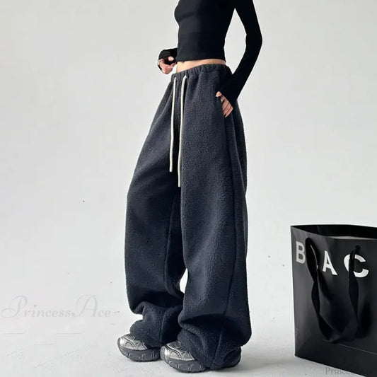 Fleece Thicken Wool Wide Leg Pants Navy blue / S