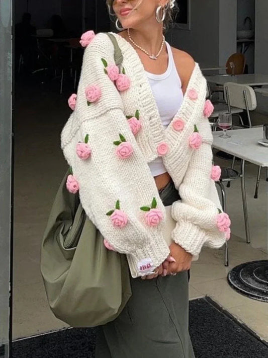 Floral Button Closure Knit Cardigan Pink / S