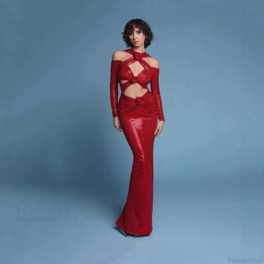 Floral Cutout Backless Sequin Prom Dress red / XS promdress-250223