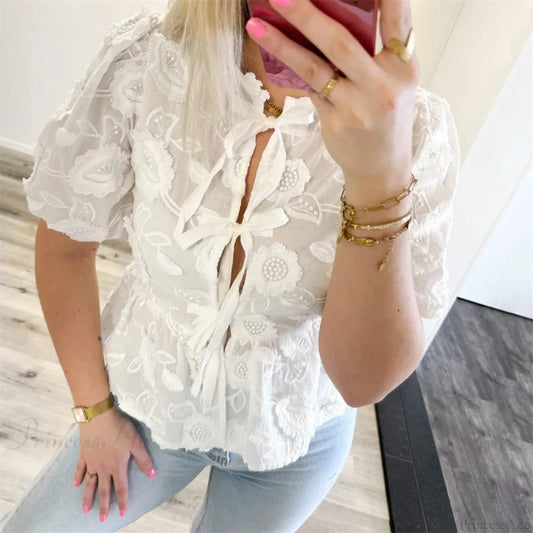Floral Embroidery Puff Short Sleeve Blouse blouse-250223
