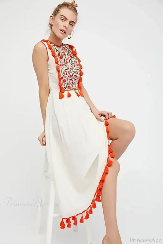 Floral Embroidery Sleeveless Tassel Cotton Boho Dress bohodress-250126