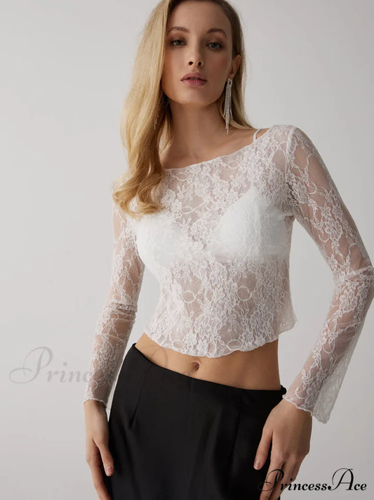 Floral Lace Graceful See Through Top White / S T-Shirts