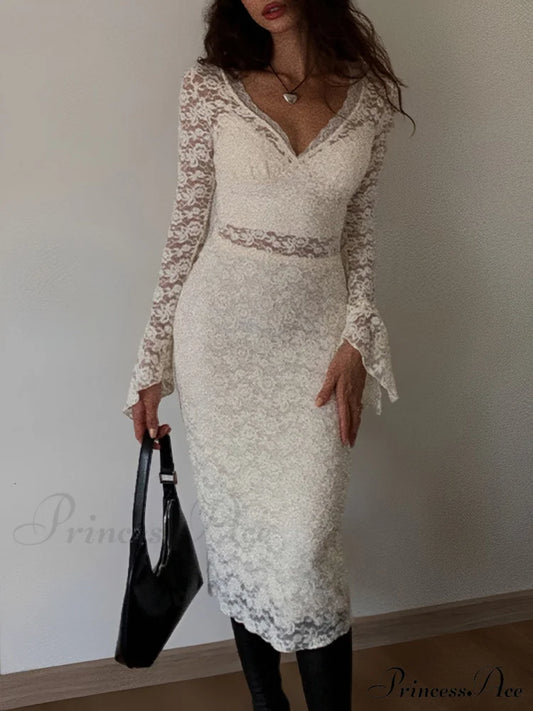 Floral Lace Long Trendy Sleeve Plunge Midi Dress Off-White / Xs Dresses