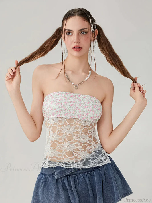Floral Lace Mesh Sheer Strapless Backless Tie-up Tube Top Pink / S croptop-250126