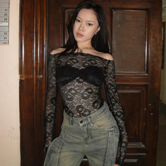 Floral Lace Off-Shoulder Sheer Crop Top Black / S croptop-250126