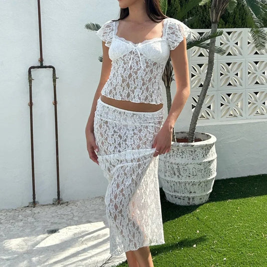 Floral Lace See-Through Short Sleeve Crop Top Long Skirt Two Pieces Set WHITE / S twopiecesset-250126