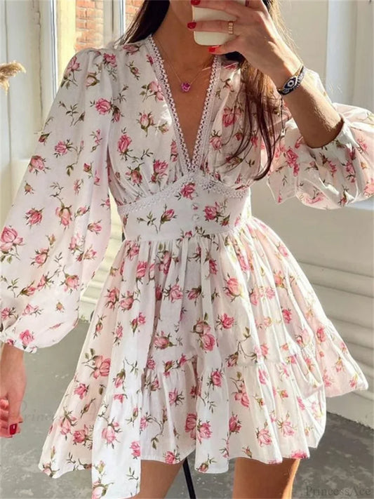 Floral Lantern-Sleeve Mini Dress minidress-250223