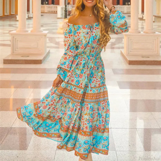 Floral Long Sleeve Belt Tassel Off Shoulder Boho Dress Blue / S bohodress-250126