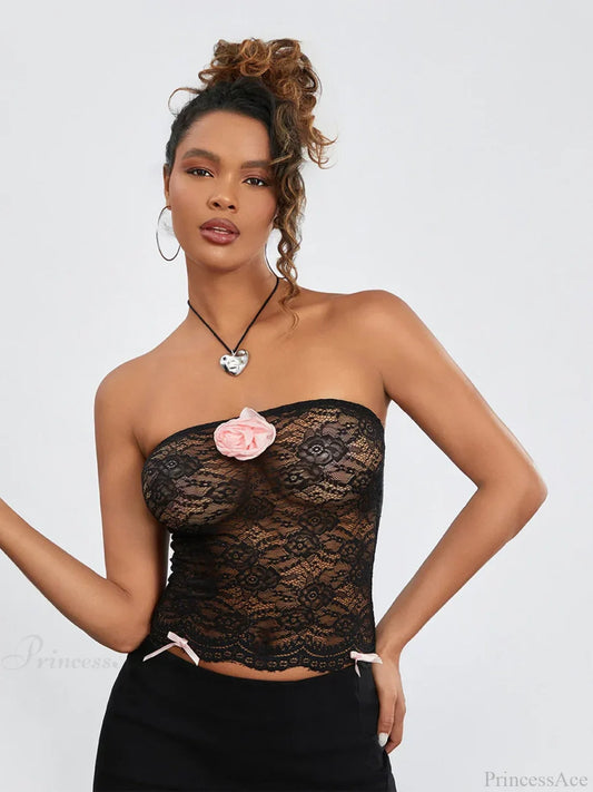 Floral Mesh See-through Strapless 3D Flower Bandeau Black / S croptop-250126