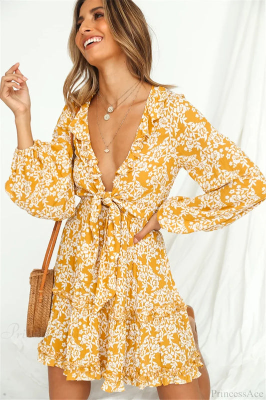 Floral Print Deep V-neck Ruffles Long Sleeve Mini Boho Dress Yellow / S bohodress-250126