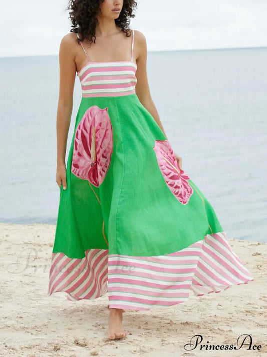 Floral Print Paneled Charming Striped Suspender Mixi Dress Green / S Dresses