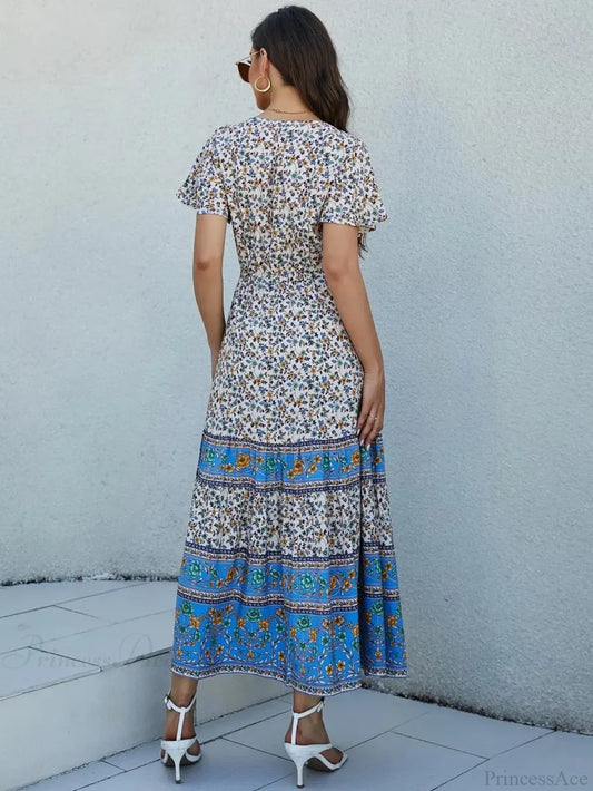 Floral Print Short Sleeve Button Loose Tassel V-neck Maxi Boho Dress bohodress-250126