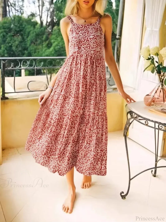 Floral Print Sleeveless Backless Rayon Vacation Maxi Boho Dress Red Floral / S bohodress-250126