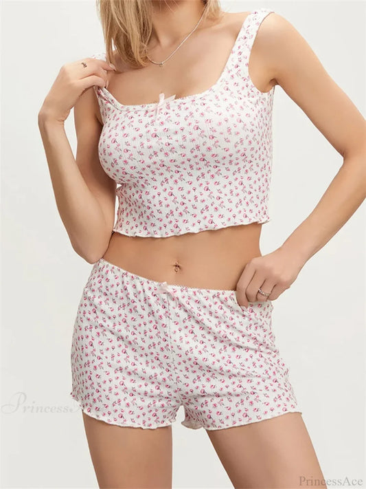 Floral Print Sleeveless Square Neck Camis Crop Top with Shorts Pajama Set PINK / S twopiecesset-250126