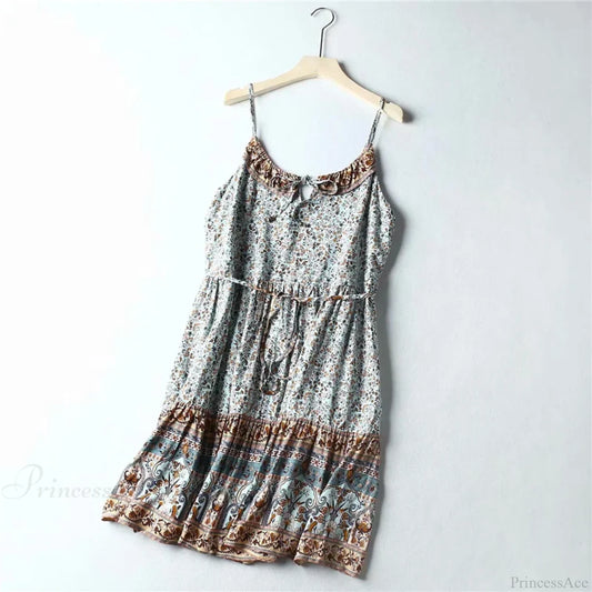 Floral Print Sleeveless Summer Rayon Mini Boho Dress light blue / S bohodress-250126