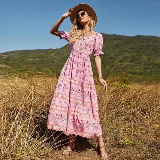 Floral Print V-neck Button Pleated Rayon Boho Dress PINK1 / S bohodress-250126