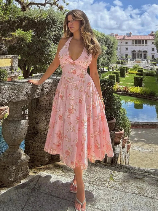 Floral Print Waist Wrap A-line Vacation Dress Pink / S vacationdress-250223