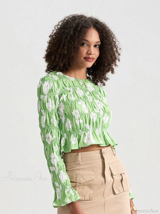 Floral Ruched Boat Neck Long Sleeve Crop T-shirt croptop-250126