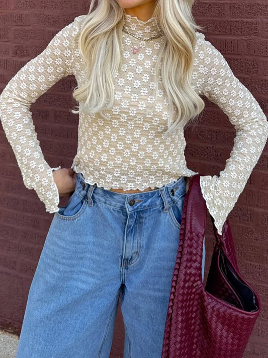 Floral Sheer Mock Neck Long Sleeve Lettuce Hem Crop Top Beige / S croptop-250126