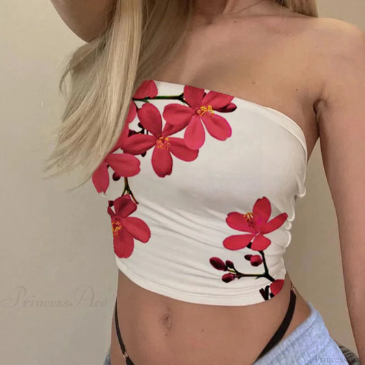 Floral Tube Top Strapless Slim Fit Summer Crop Red / S croptop-250126