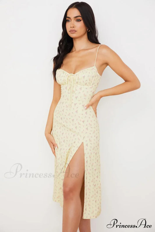 Flower Fields Slip Charming Floral Split Midi Dress Pink / S