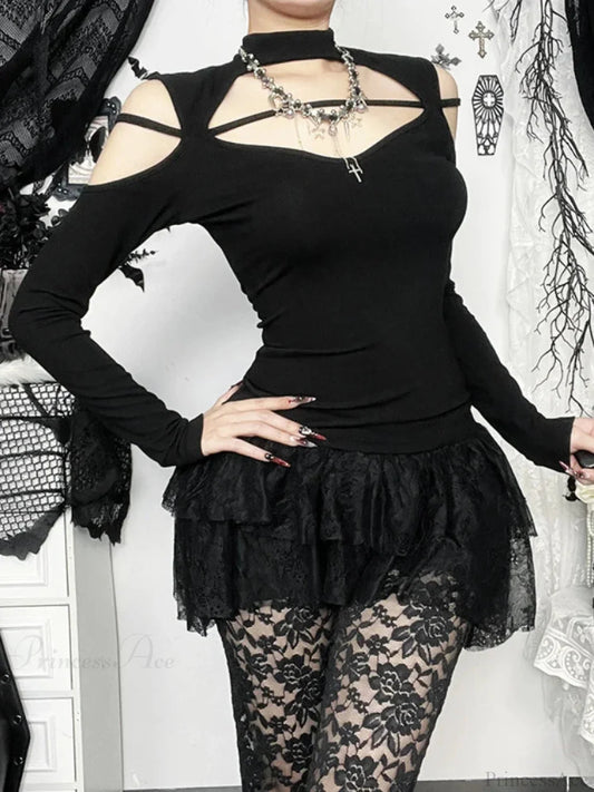 Flower Square Collar Knitted Top Black / XS