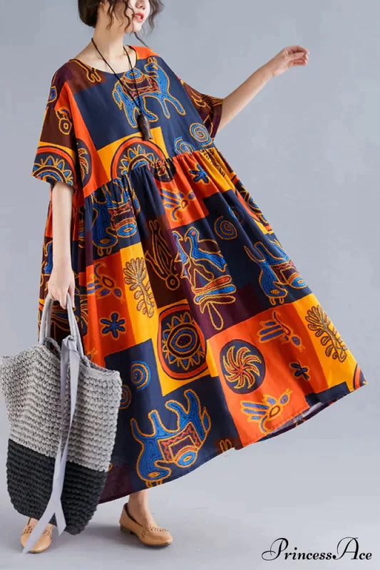 Flowered Gown Full-Length Cotton Bohemian In Fabric Loose Print Causal Dress