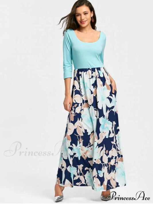 Full-Length With Design Flowered Gown U Neck S / Sky Blue Clothing