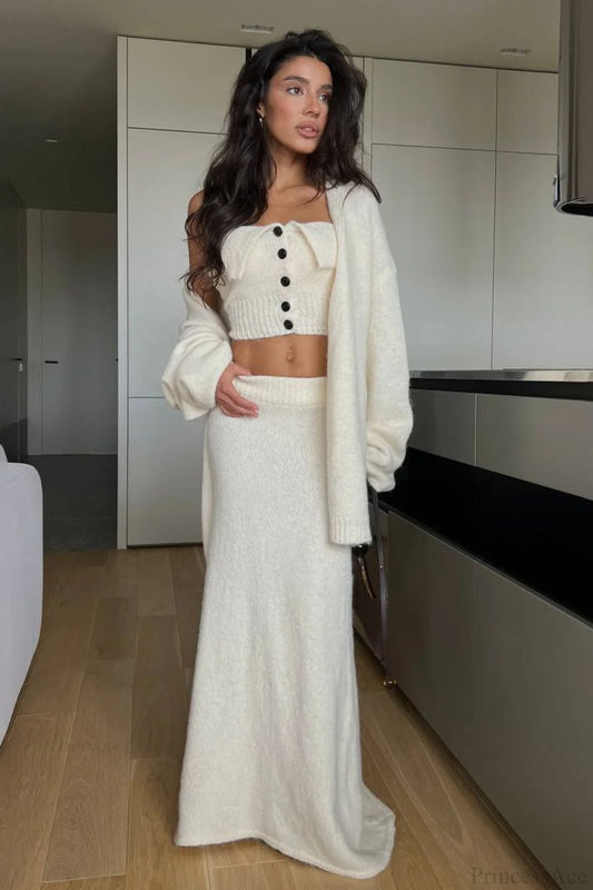 Fur Soft Chic Slouchy Bralette Maxi Cardigan Three Piece Set White / S