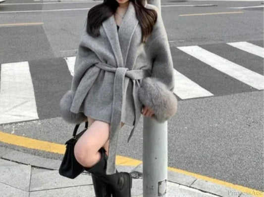 Furry Patchwork Long Sleeve Bandage Overcoat gray / S