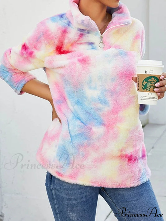 Fuzzy Women’s Arm Yellow Casual Long Pullover Tie Pink Neck V Dye - Fleece Sweatshirt Teddy Top