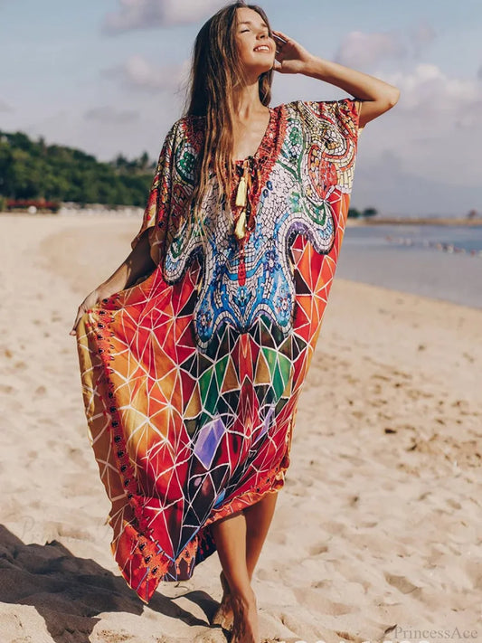 Geometric Printed Lace Up V-Neck Cover Up color / One Size