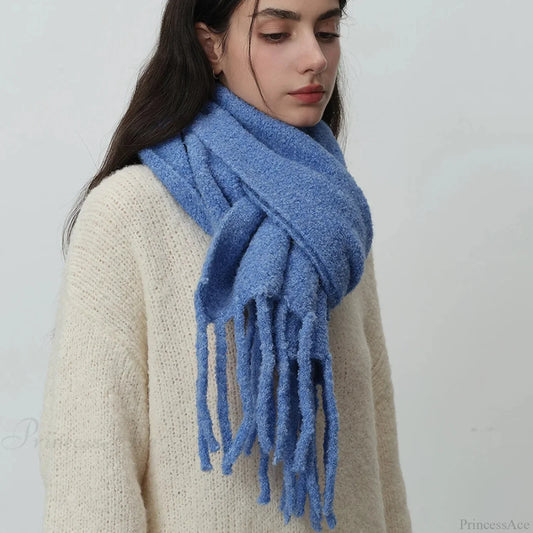 Glacier Blue Knitted Wool Scarf With Tassels For Women Scarfs-L