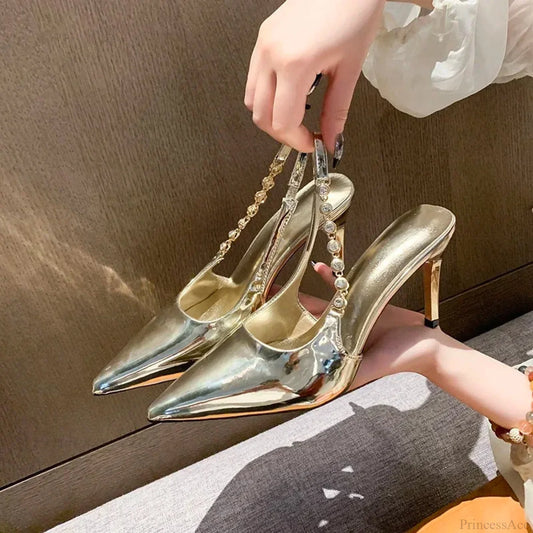 Gleaming Metallic Crystal Gothic Slingback Stiletto Tall Heel Gold / 34