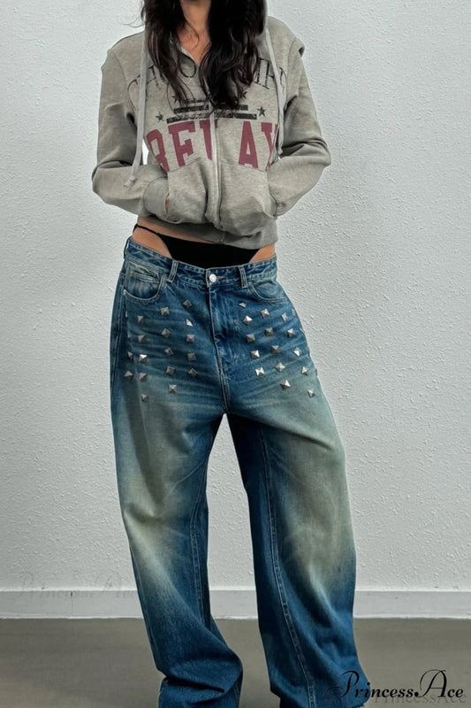 Gothic Streetwear Riveted Loose Jeans Blue / S