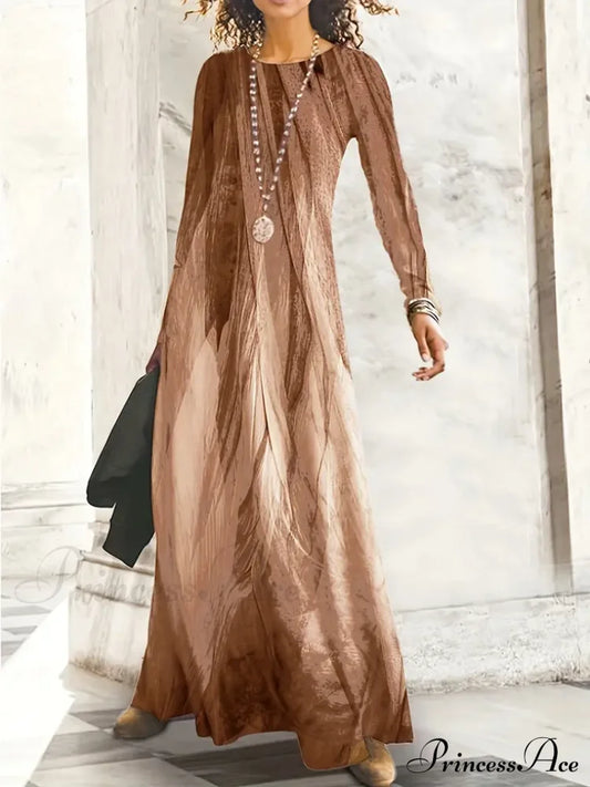 Gown Casual Long Full-Length Arm With Graphic Print S / Blue Long Sleeve Maxi Dress