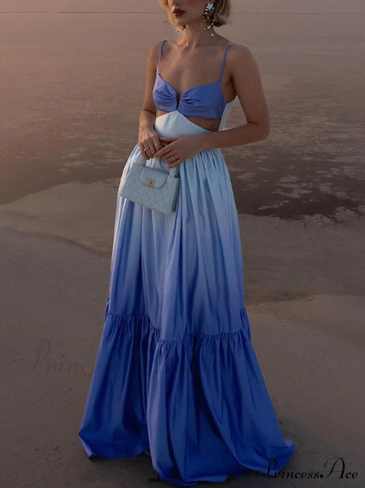 Gradient Color Print Cutout Graceful Waist Tiered Maxi Dress Blue / S Dresses