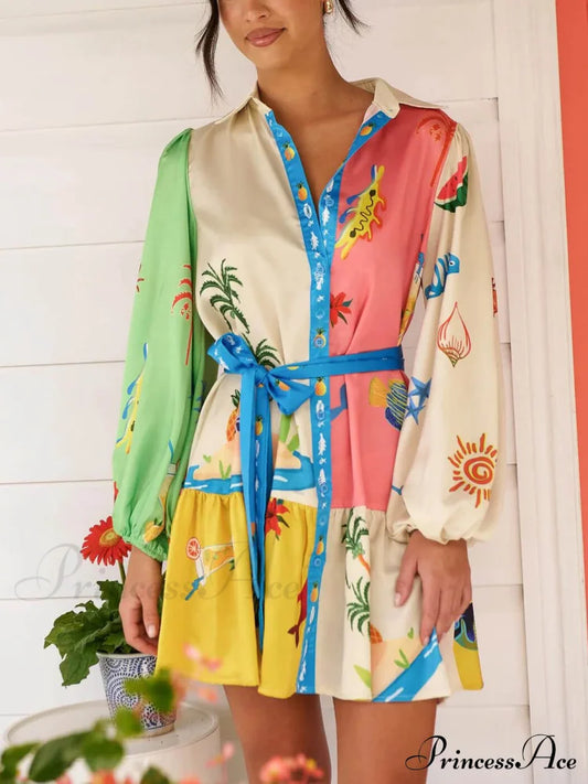 Graffiti Print Lace-Up Cardigan Loose Trendy Short Dress With Wide Hem Multi-Color / S Dresses