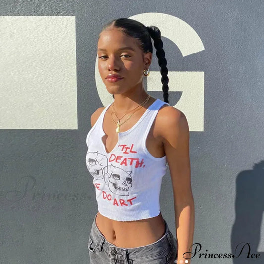 Graphic Cyber Streetwear Women Chic Sleeveless Activity 2024 Harajuku Skinny Crops Tank Top White /