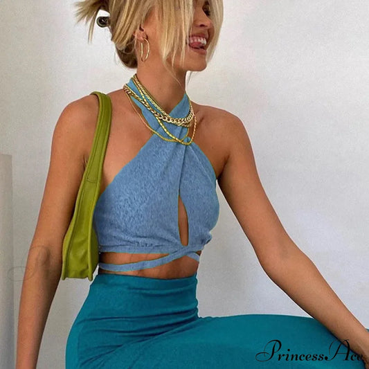 Green Bandage Halter Crops For Women Sleeveless Backless Club Party Chic Wrap Cropped Slim