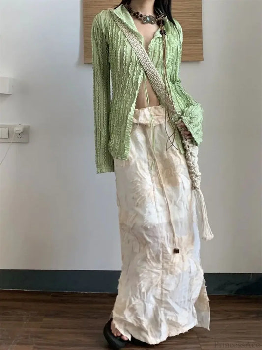 Green Vintage Long Sleeve Blouse blouse-250223