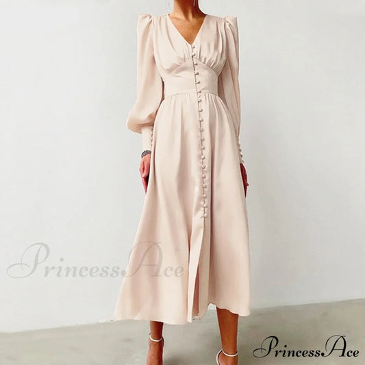 Guest Wedding Satin Full-Length Silk Gown Mid-Calf Empire Evening Vintage Party Buttons Dress Beige