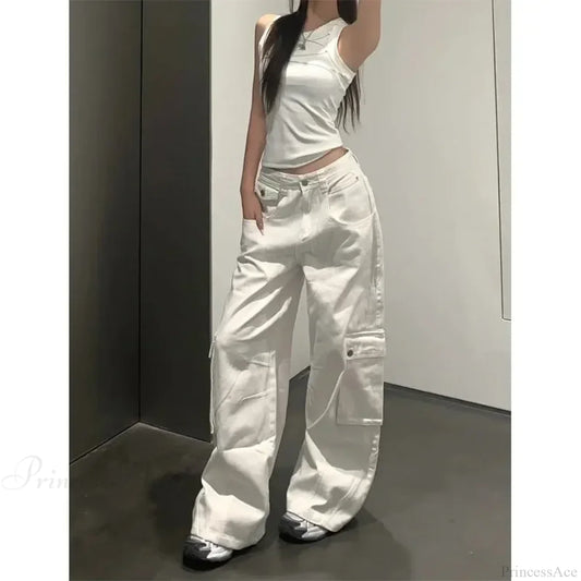 Gyaru White Cargo Jeans Wide Leg Pants white / S