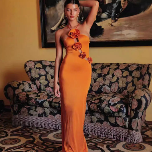 Halter Cutout Floral Slim Fit Maxi Prom Dress orange / XS promdress-250223