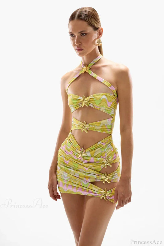 Halter Cutout Skirt Swim Two Piece Set yellow / S