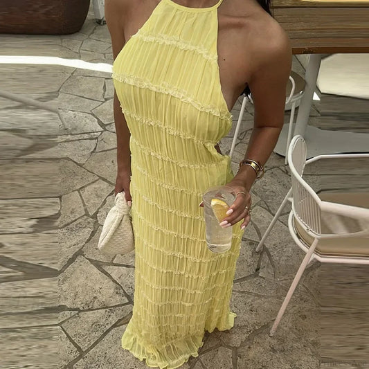 Halter Pleated Boho Vacation Dress 01 Yellow / S vacationdress-250223