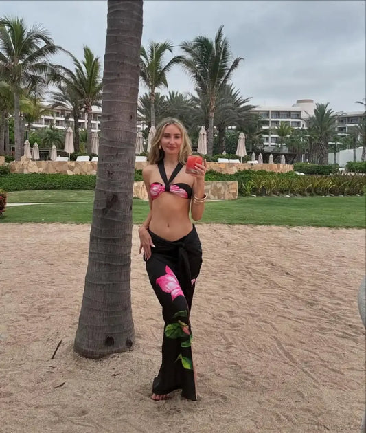 Halter Print Cover Three Piece Swimsuit black / S