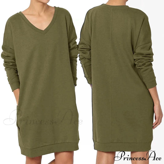 Haute Edition Women's Oversized Pullover Sweatshirt Dress Olive Green __stock:500 casual dresses clothes dresses refund_fee:1200