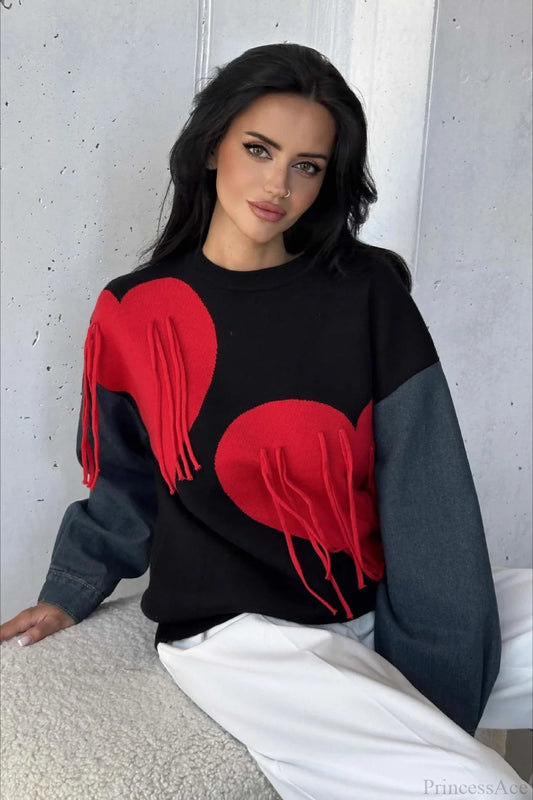 Heart Fringe Loose Chic Knit Sweater Black / M